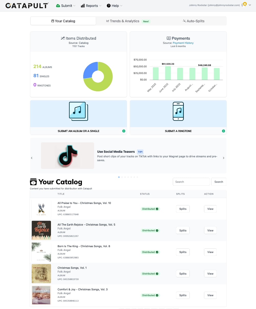 Catapult digital music distribution dashboard for managing your music catalog and submissions to streaming platforms